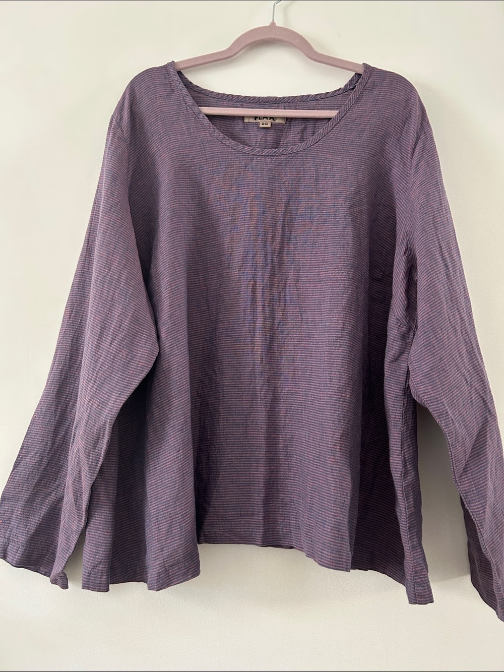 Flax Lavender Stripe Long-Sleeve Top Oversized Lagenlook Linen Coastal Popover